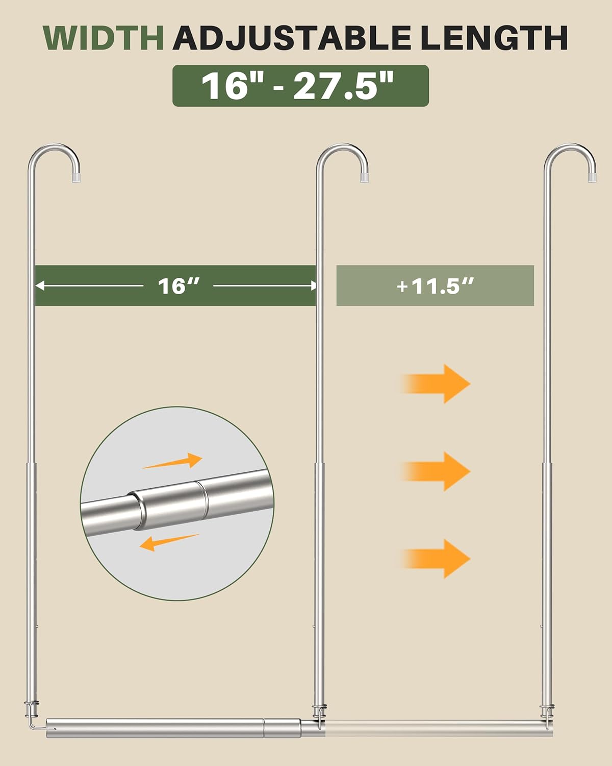 Hanging Closet Rod, 2 Pack Adjustable Height & Width Closet Rods for Hanging Clothes-Closet Extender Hanging Rod Space-Maximizing Design Suitable for Hanging and Drying Clothes, Silver