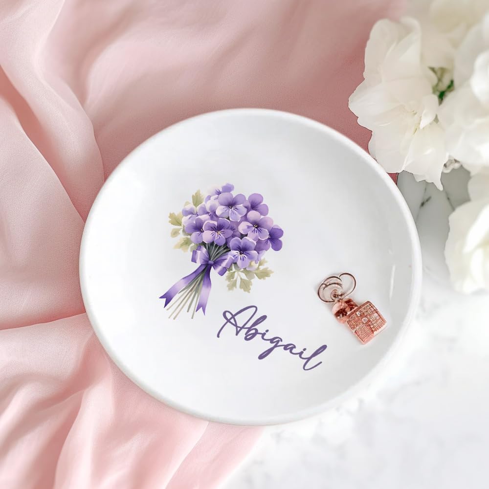Custom Ceramic Jewelry Tray Birth Flower Personalized Name Decorative Trinket Dish for Rings Earrings Necklaces Birthday Christmas Bridesmaid Gifts for Women Her Size 4"×4"