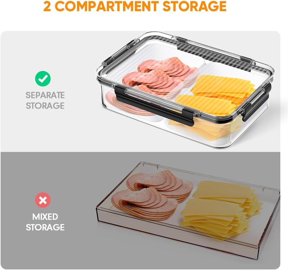 Deli Meat Container for Fridge Organizers and Storage, Ham and Cheese Container for Fridge, 11 Inches Long Lunch Meat Containers for Refrigerator, 2 Compartment Snack Containers with Clear Lid