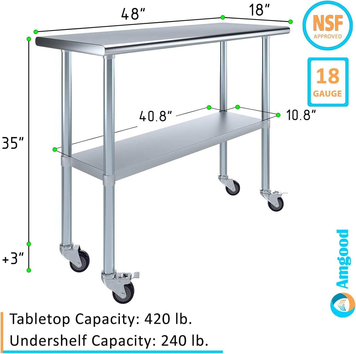 AmGood 48" Long x 18" Deep Stainless Steel Table with Casters