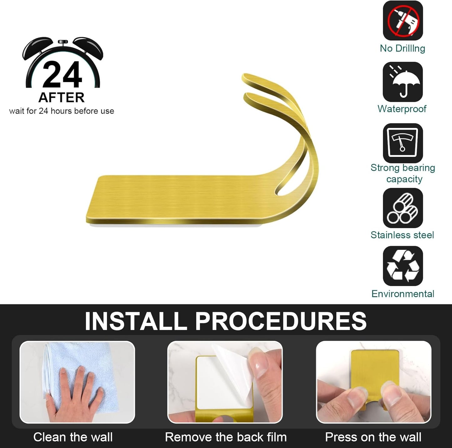 CGBE Razor Holder for Shower, 4 Packs Razor Holder and 4 Packs Shower Hooks, Self Adhesive Shaver Holder Hanger Hooks for Bathroom, Damage Free Wall Hooks for Razor Shaver Loofah Sponge - Gold