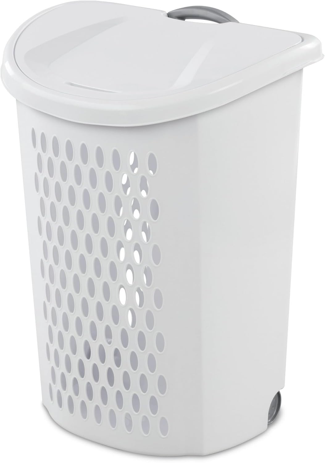 White Rolling Laundry Hamper with Wheels, 2-Bushel Large Capacity Ventilated Plastic Hamper with Lid & Retractable Handle, Portable Laundry Basket for Dorms, Apartments and Bedrooms