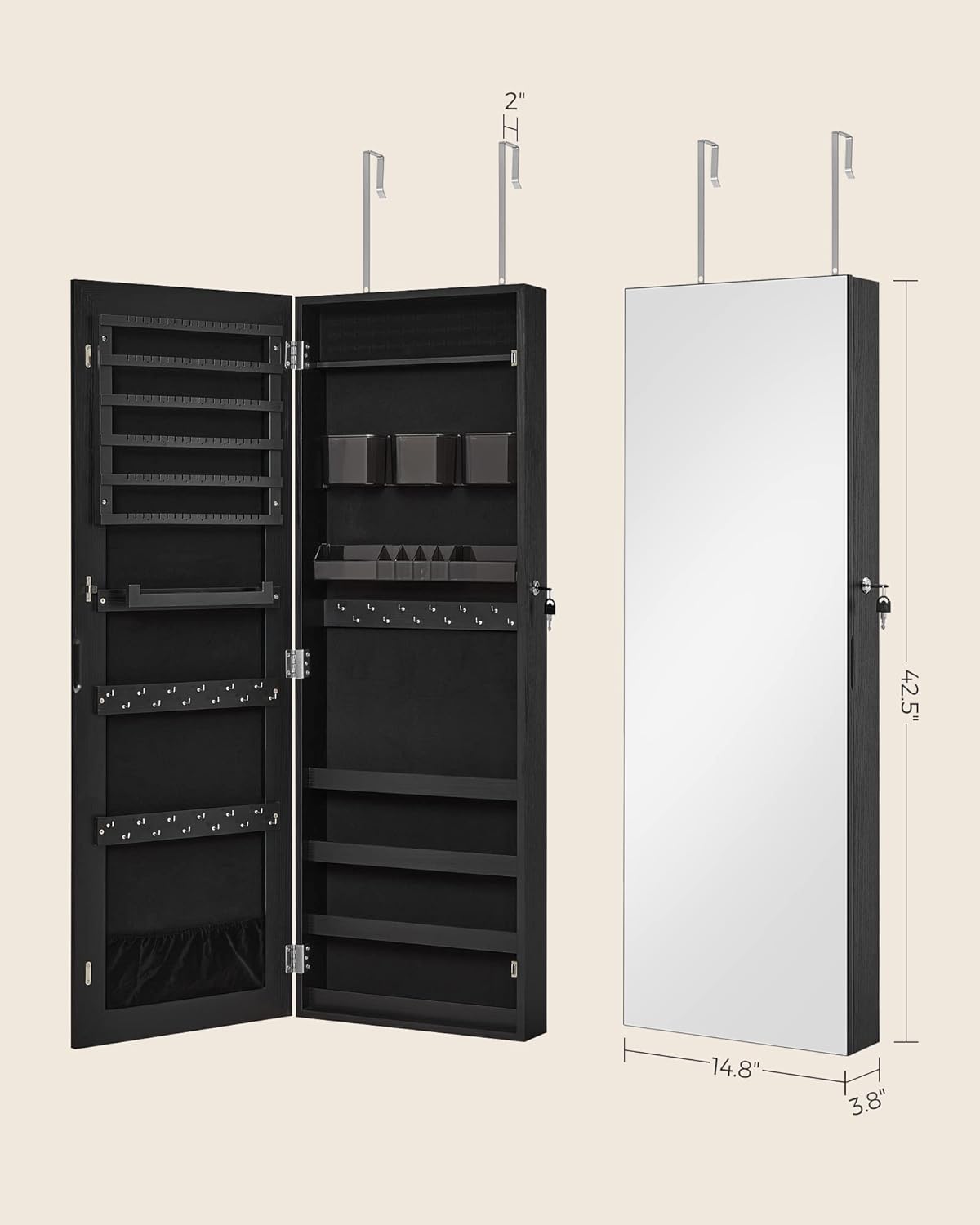 SONGMICS Mirror Jewelry Cabinet Armoire, Wall or Door Mounted Jewelry Storage, Hanging Lockable Frameless with 2 Plastic Cosmetic Organizers, Christmas Gift Idea, Black UJJC001B01
