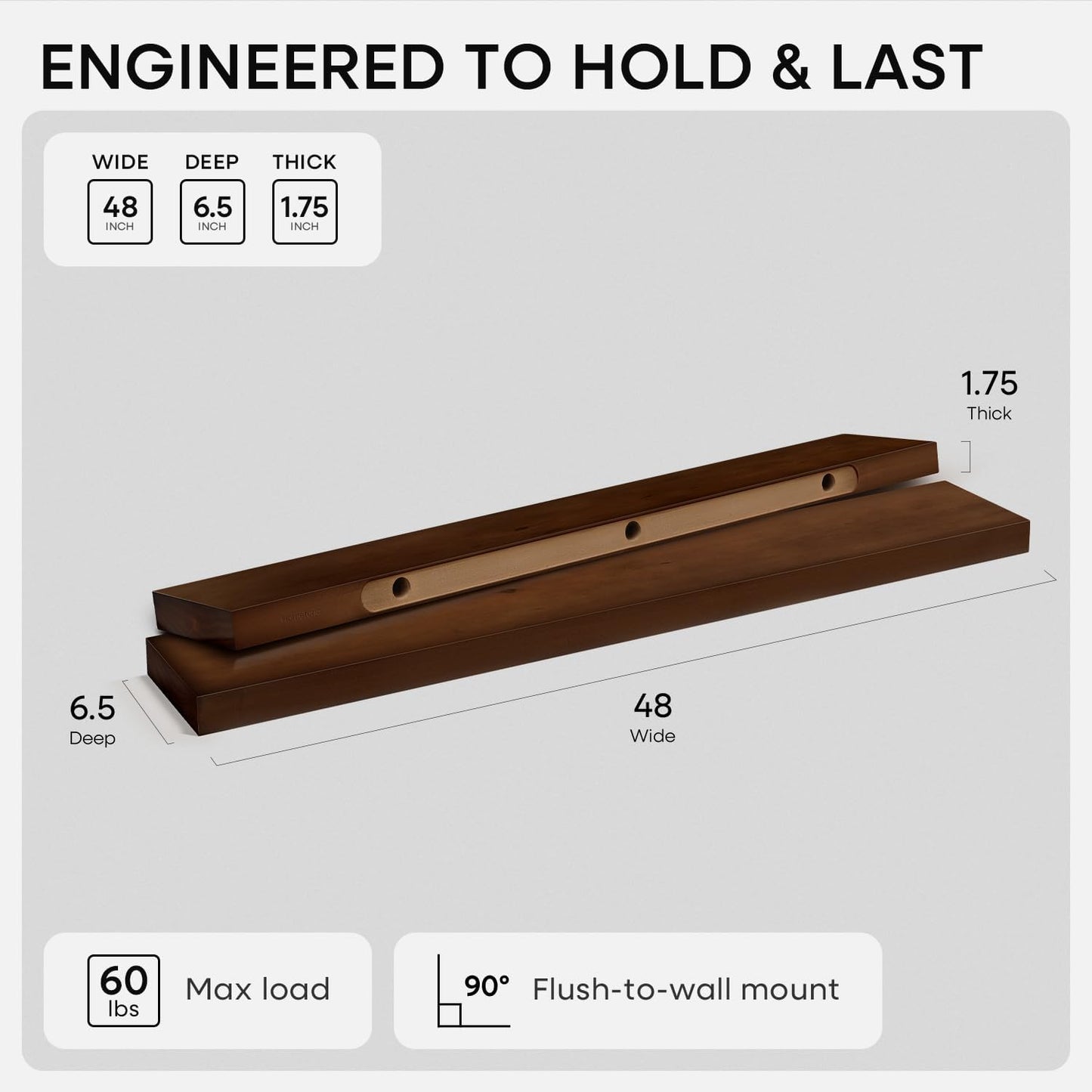 Homeforia 48 inch Walnut Floating Shelf, High End Solid Real Wood Large 48inch Floating Shelves for Wall, Dark Brown 48 inches Long Floating Shelves, Heavy Duty Bracket, 48 X 6.5 X 1.75 inch, Set of 3