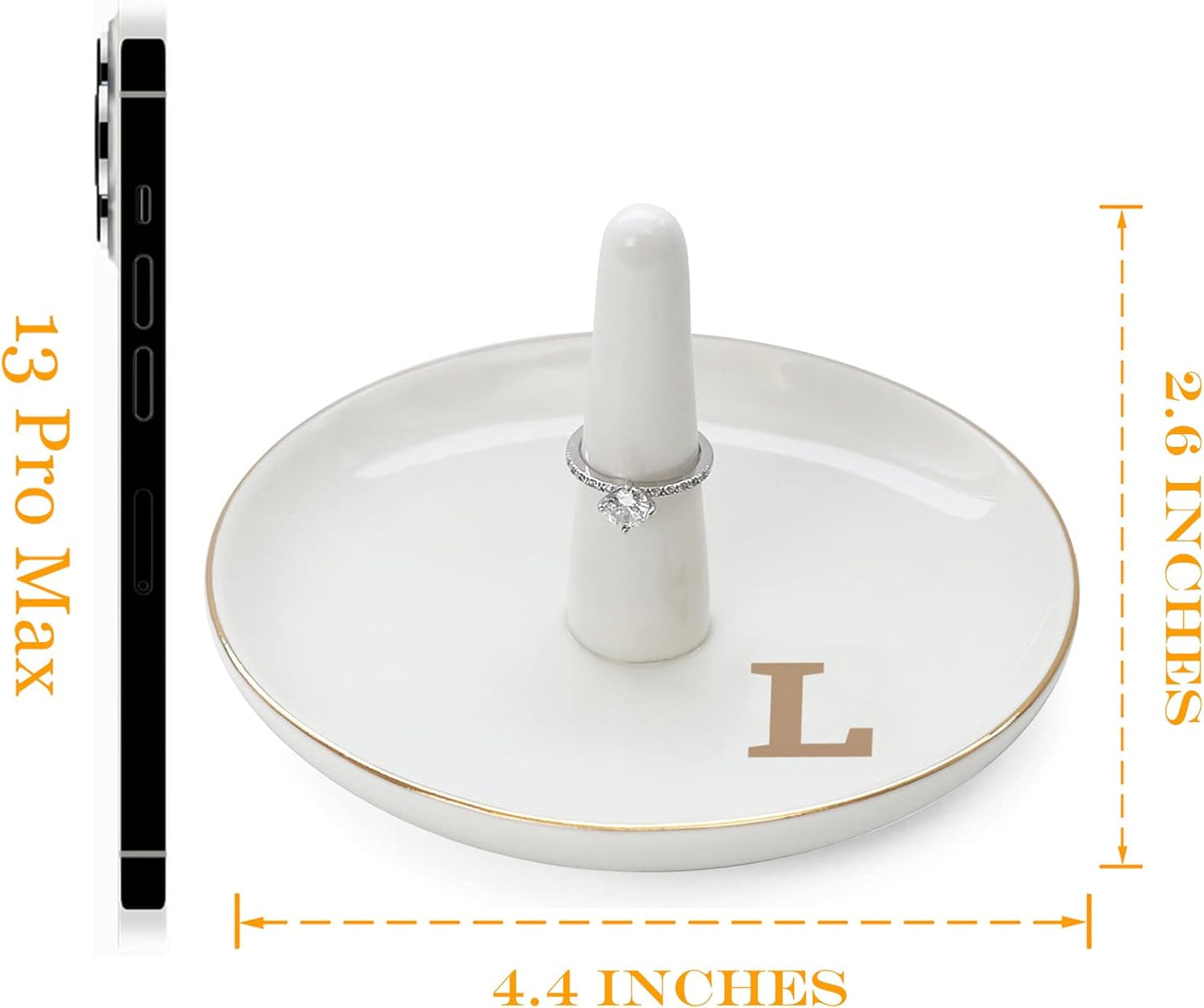 HOME SMILE Initials Ring Holder Jewery Tray with personalized L-Monogrammed Engagement Gifts for Friends,Birthday Mother's Day Christmas Gifts for Women,Ceramic White