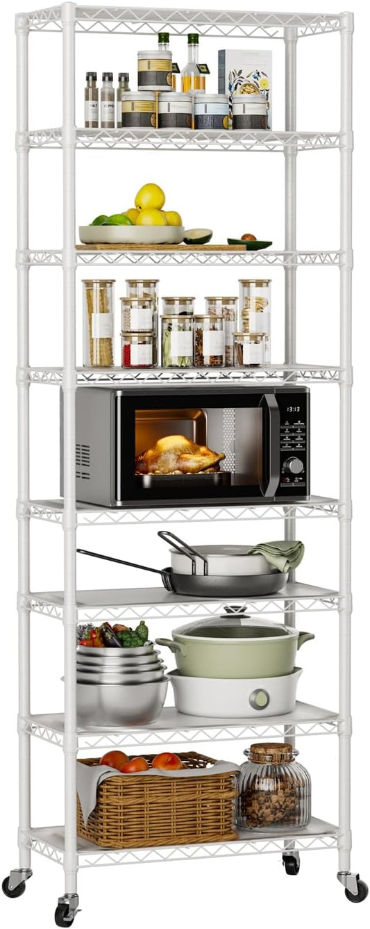 8 Tier Shelves Storage Shelf Wire Closet Bathroom Organizers Metal Pantry Kitchen Garage Shelving Unit Laundry Room Organization Home Rack Net Basket Black with Wheels 12”D X 22”W X 74.2”H