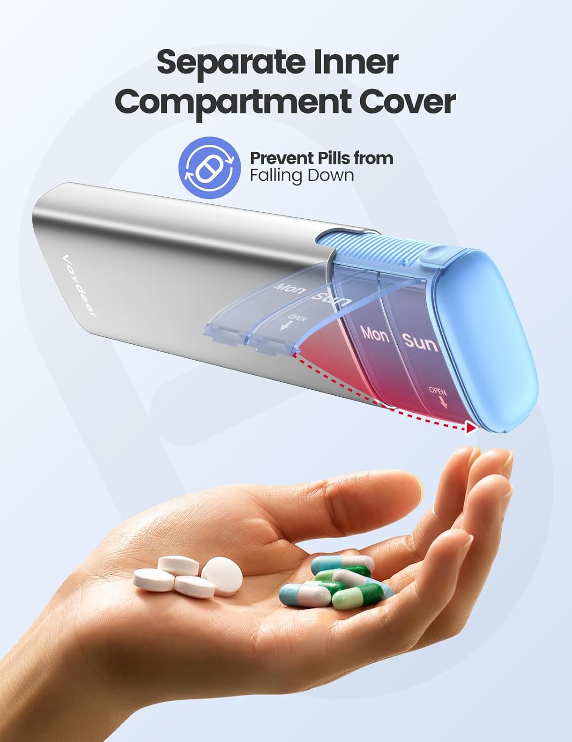 Vaydeer Metal Travel Pill Organizer – Compact Weekly Pill Box for Daily Medication – Portable Small Pill Case for Vitamins, Pills & Supplements (Rose Gold)
