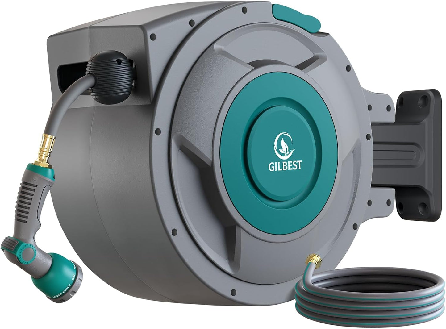 65 ft x 1/2" Retractable Garden Hose Reel, Heavy Duty Water Hose Reel Wall Mounted, Any Length Lock, 180°Swivel, Water Hose with 10-Function Nozzle for Cleaning, Watering (Green)