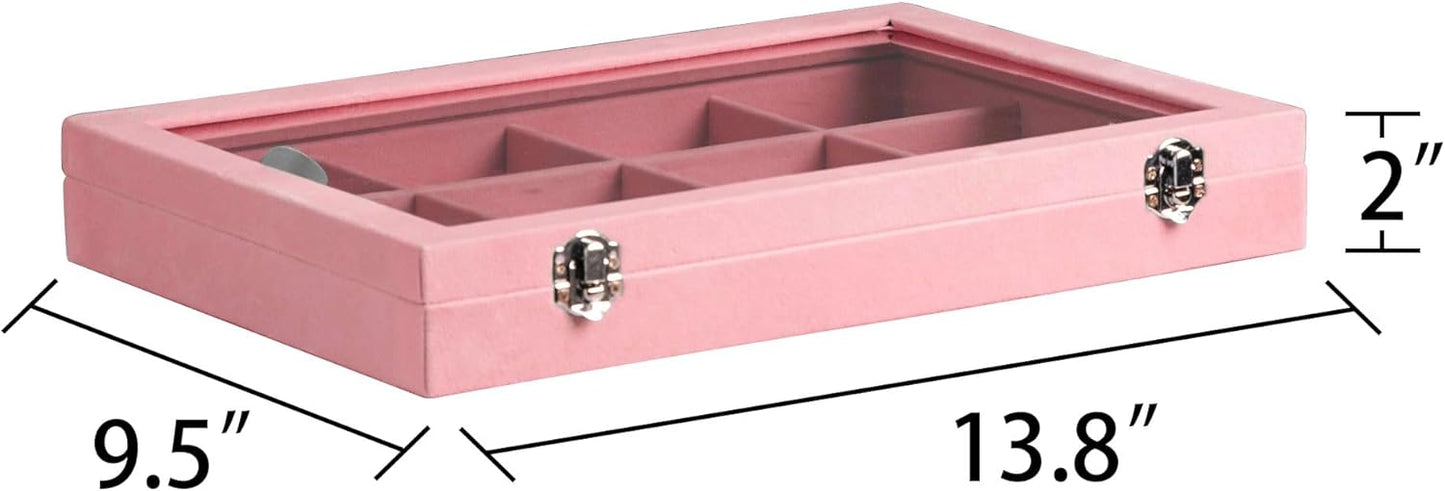 Frebeauty Velvet Jewelry Tray,12 Grid Jewelry Organizer with Clear Lid,Bracelets Holder,Jewelry Display Case with Clasp,Drawer Insert Bangle Brooch,13.8 x 9.5 x 2 Inches,Gift for Women Girls(Pink)