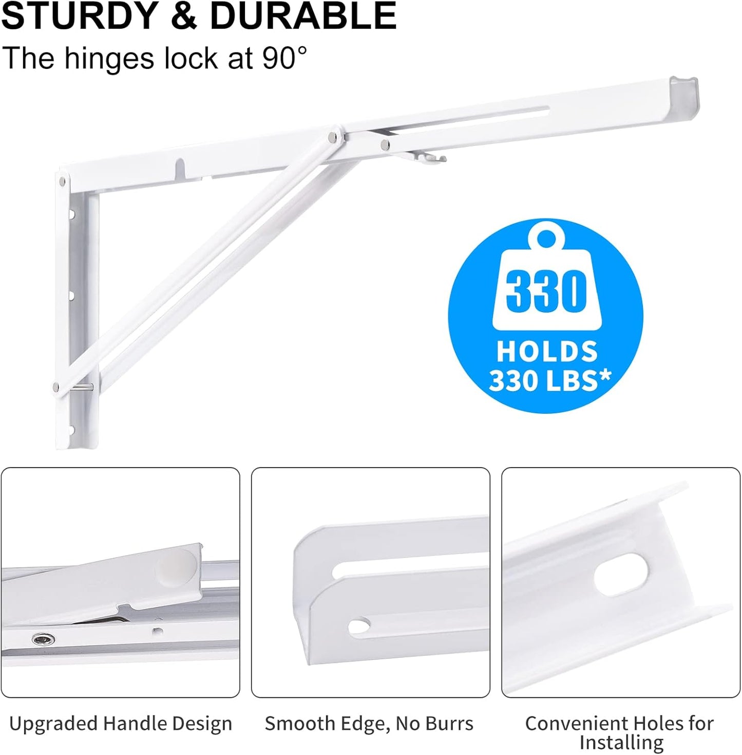 YUMORE 24 Inch Folding Shelf Brackets, Heavy Duty L Bracket, White DIY Collapsible Shelf Bracket for Workbench Folding Table Hinge, Max Load: 330lb, 2 Pack