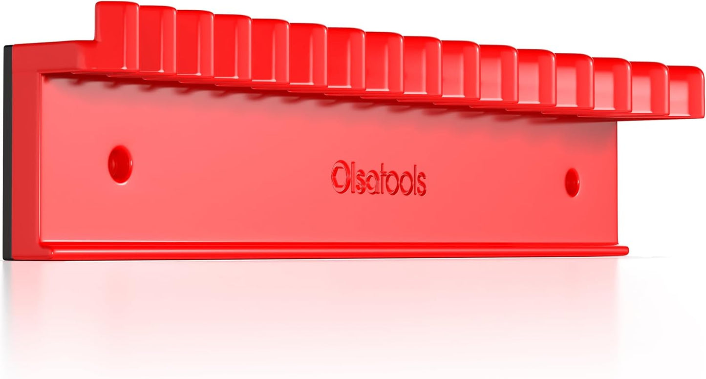 Olsa Tools Magnetic Wrench Organizer, Red - 15 Slot Wrench Holder - SAE and Metric Magnetic Wrench Rack - Rubberized Scratch Free Base - Wall or Toolbox Mountable Wrench Storage - Part: 1877