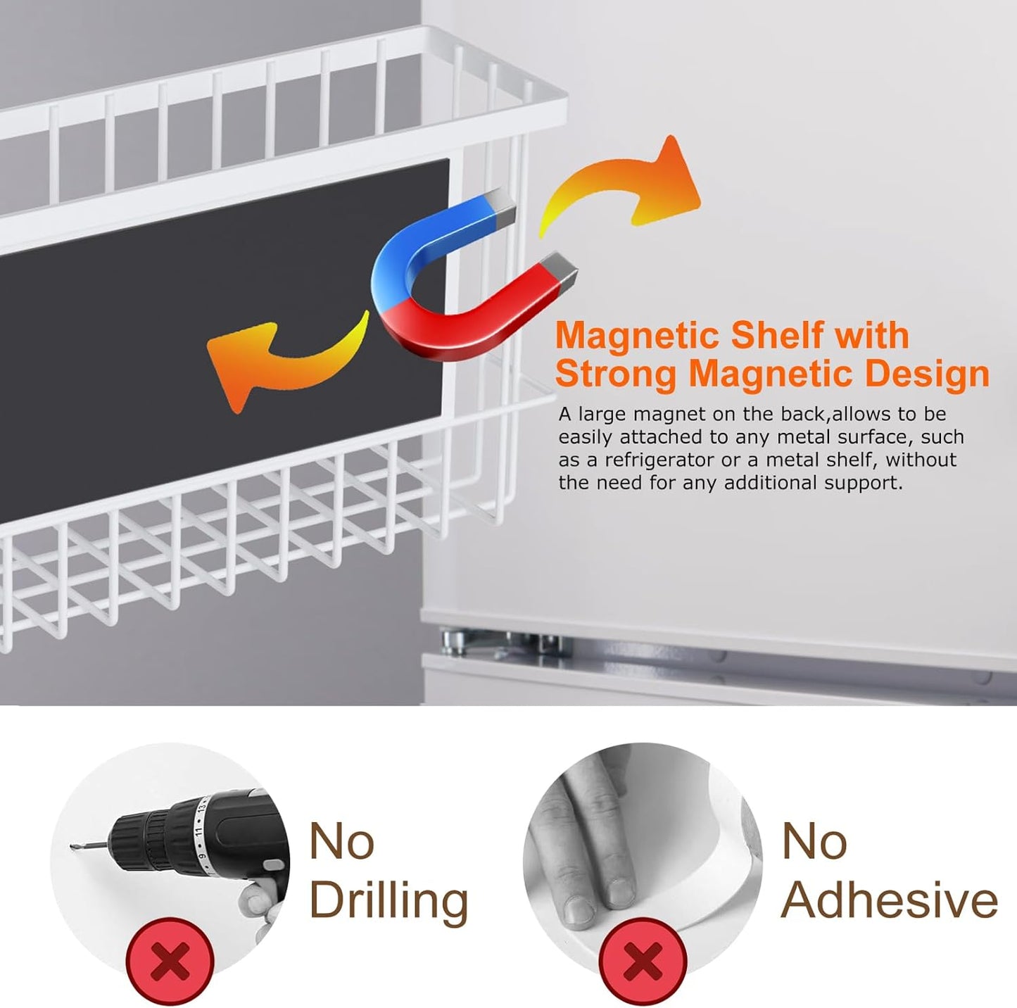 Magnetic Metal Basket Organizers, 2 Pack Large & Small, White, Strong Magnet Hanging Wire Storage Basket, Refrigerator/Whiteboard Classroom/Locker