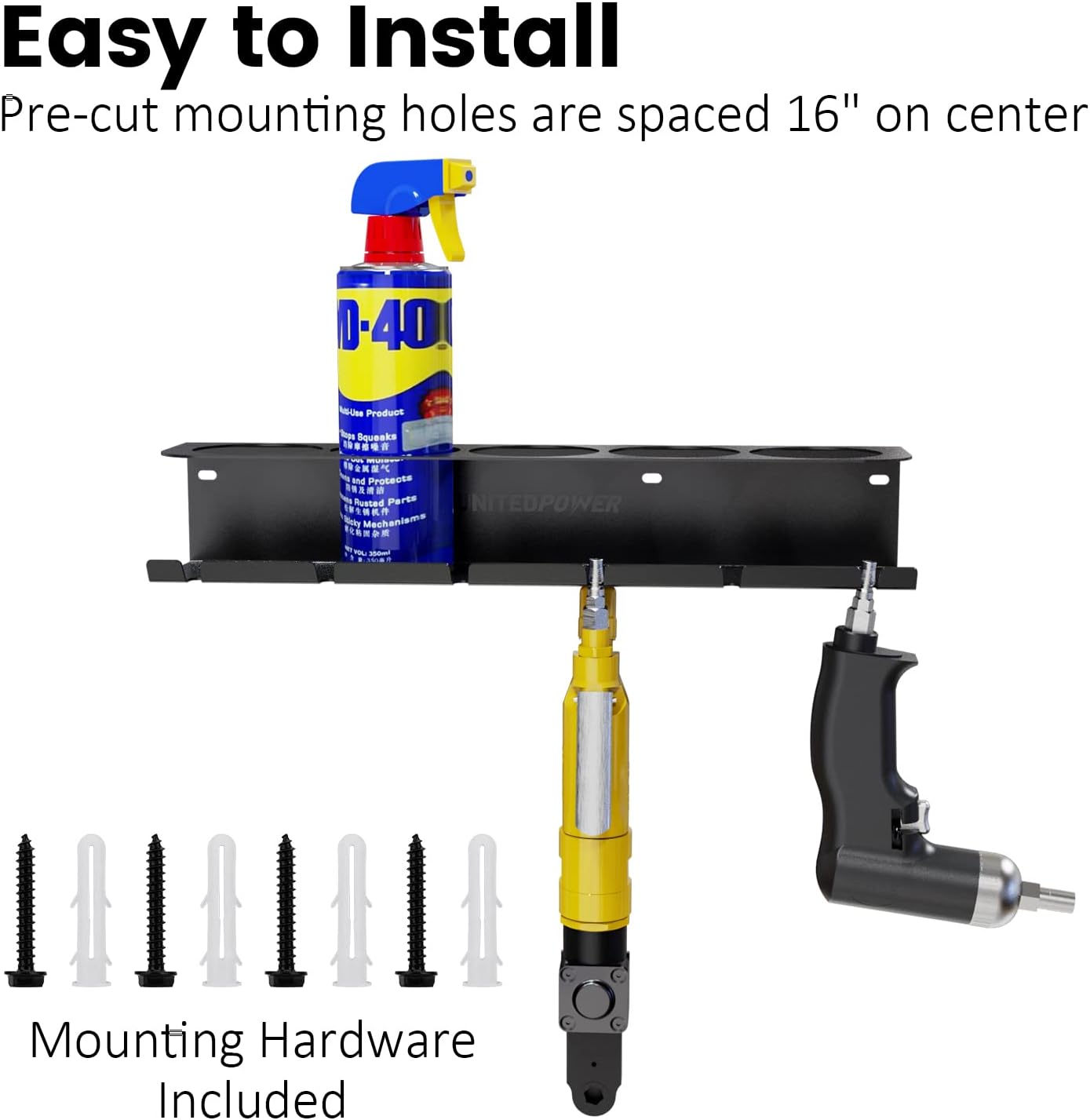 UNITEDPOWER Pneumatic Tool Holder/Aerosol Rack Combo, Wall Mounted Spray Can Bottle Holder, Air tool organizer, for Garage and Workspace, 5 Cans and 6 slots