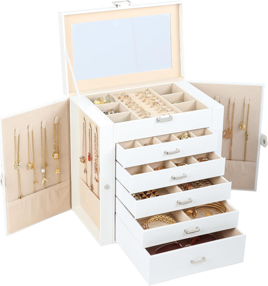 BOOVO Jewelry Box For women, 6 Layer Large Jewelry Organizer With Mirror, Multi-Function Storage Box With Lock, Necklace Holder With 5 Drawers, For Earrings Necklace Bracelet (Silver and White)