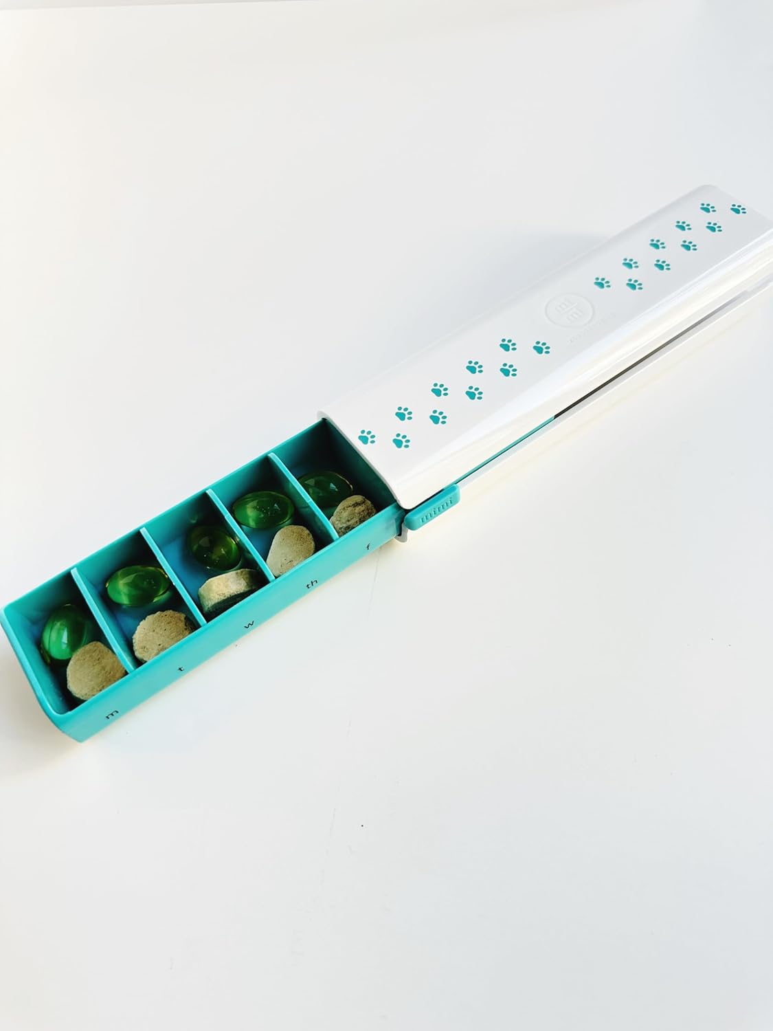 Pet Pill Box Organizer, 7-Day Medicine Container with Paw Print Design, White and Aqua. Pill Container for Vitamin Management, Daily Pill Holder for Dogs and Cats