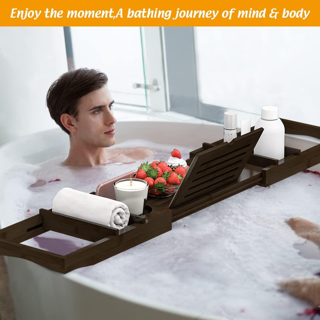 Bamboo Bathtub Tray for Luxury Bathroom, Expandable Premium Bath Tray w/Soap Towel Book Holder, Adjustable Bath Accessories for Tub,Extendable Tub Tray w/Wine Glass Cup Organizer 29.5-43.3" Espresso