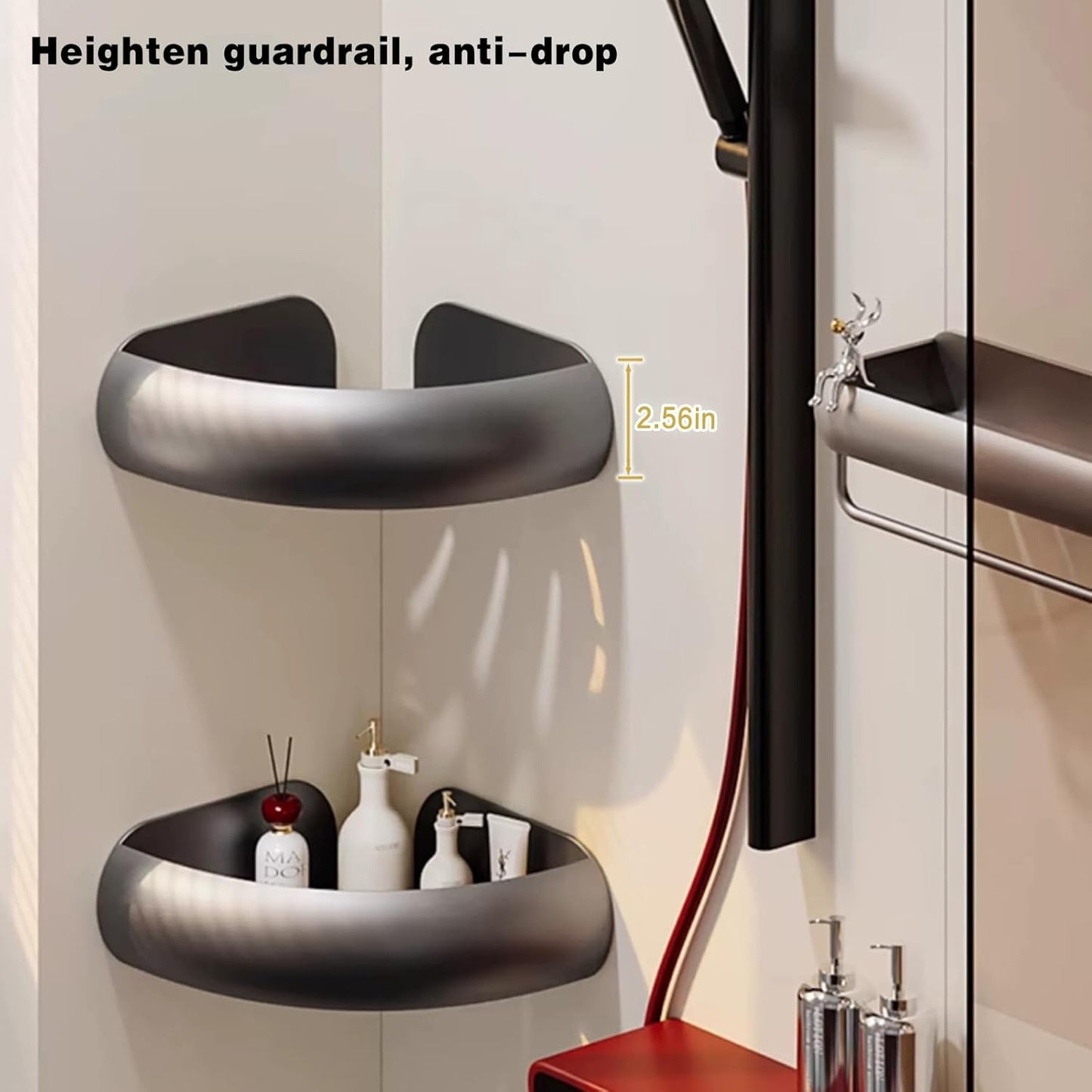 VOLPONE Corner Shower Caddy with Razor Holder Adhesive Shower Shelf Corner No Drilling (adhesive mounting, no suction cup) Bathroom Shower Organizer Storage Rack (2-Pack, Black)