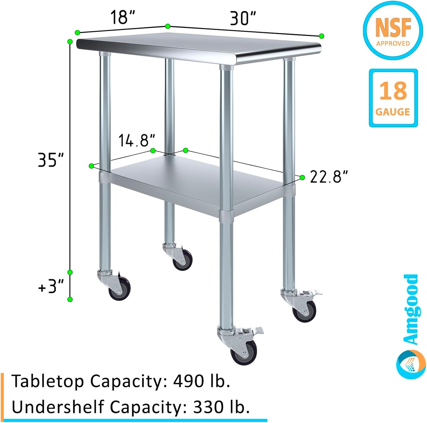 AmGood 30" x 18" Stainless Steel Work Table with Casters | Heavy Duty Metal Utility Table On Wheels | Kitchen Island Cart