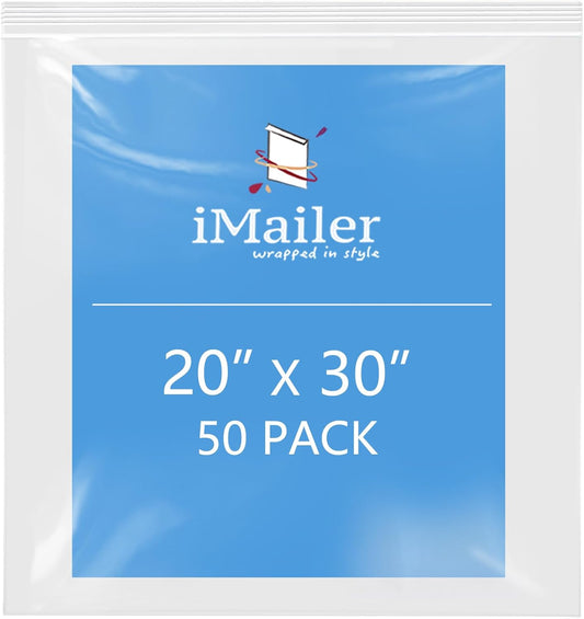 iMailer- 20" x 30" 50 Pack- 2 Mil Resealable Zip Bags- Clear Plastic Bags with Zip Top Lock for Storage, Organizing, Crafts, Travel