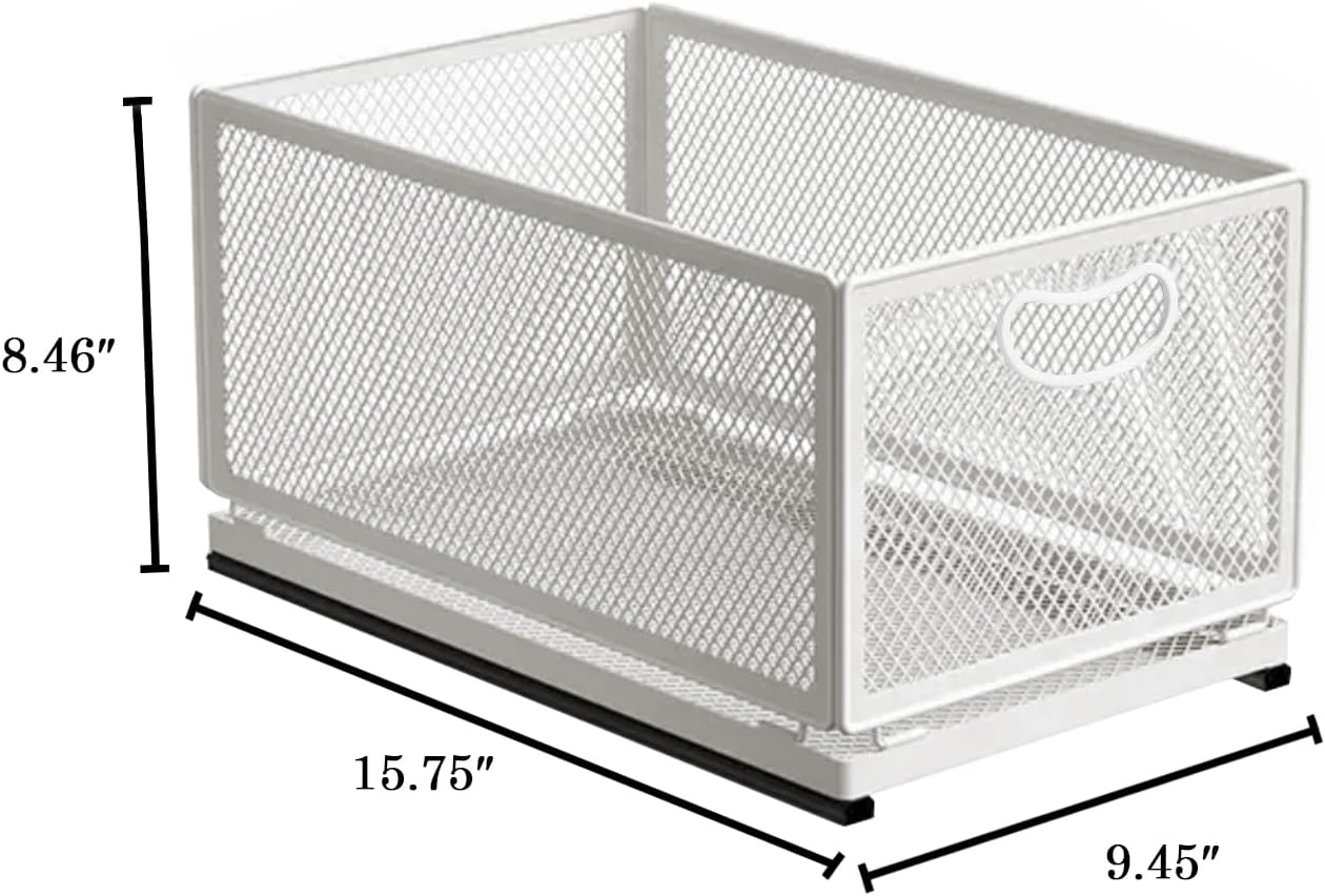 Sliding Cabinet Basket Organizer Drawer Self Adhesive Slide out Pantry Shelves Heavy Duty Carbon Steel Slide Cabinet Storage Basket with Handle for Bathroom Kitchen Home