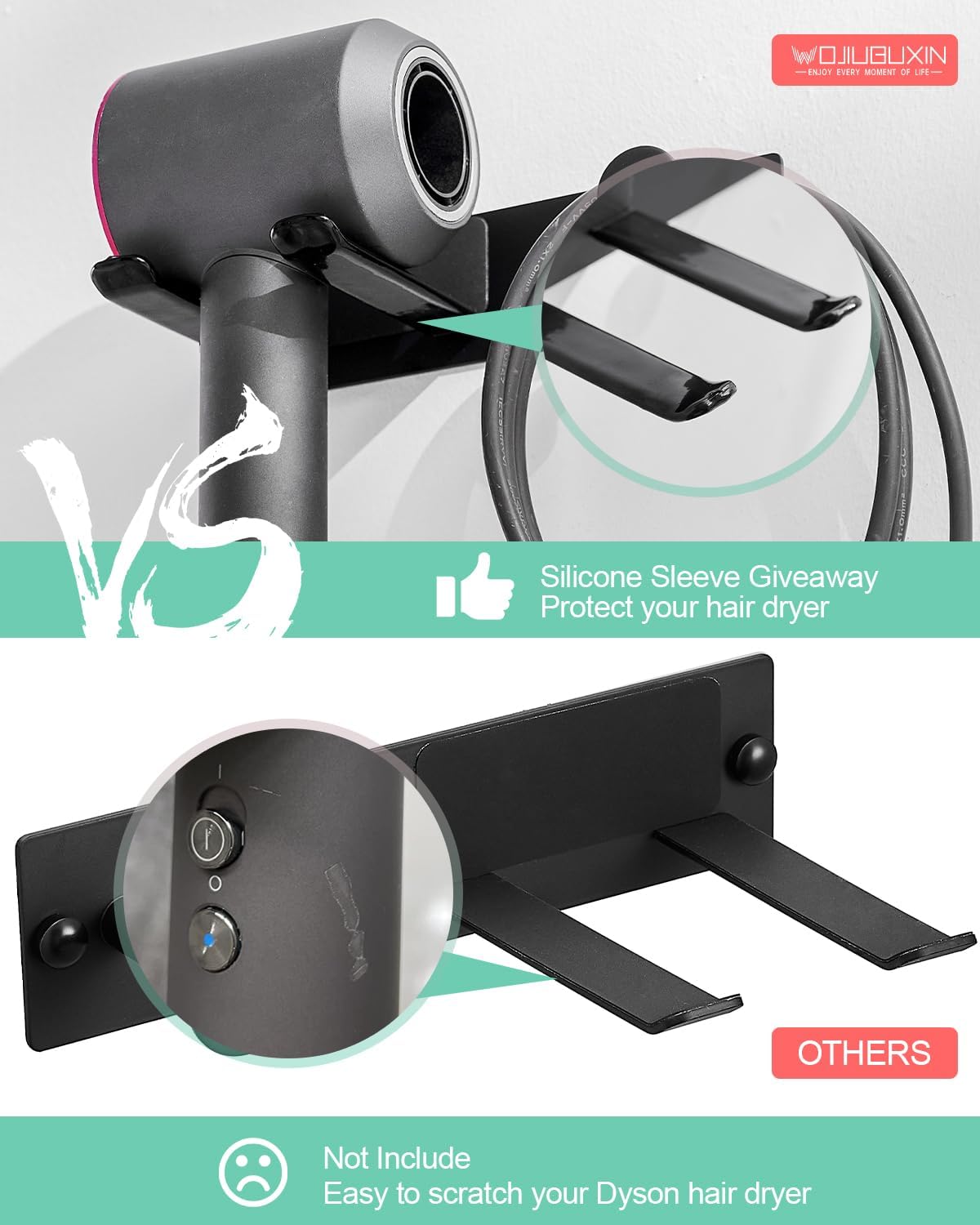 Hair Dryer Holder Wall Mount Matte Black Hair Dryer Holder for Bathroom Cabinet SUS 304 Stainless Steel Blow Dryer Holder Compatible with Dyson Hair Dryers