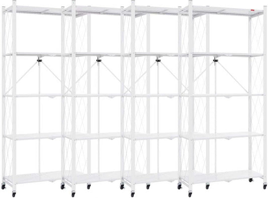 DEANIC 5 Tier Foldable Storage Shelves with Wheels, Large Capacity Shelving Unit, Freestanding Metal Wire Shelf Rack, No Assembly Organizer Rack for Garage Kitchen, Basement, Pantry(White Pack of 4)