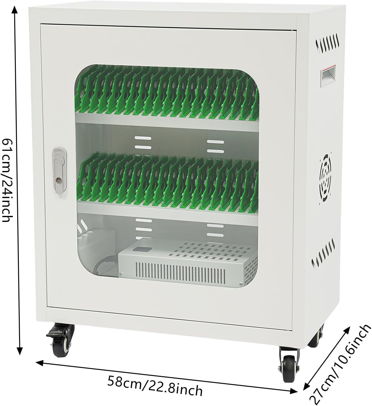 40-Slot Cell Phone Charging Station Cabinet with USB, 400W High-Power Portable Mobile Charging Locker with Wheels & Lockable Tempered Glass Door (White)