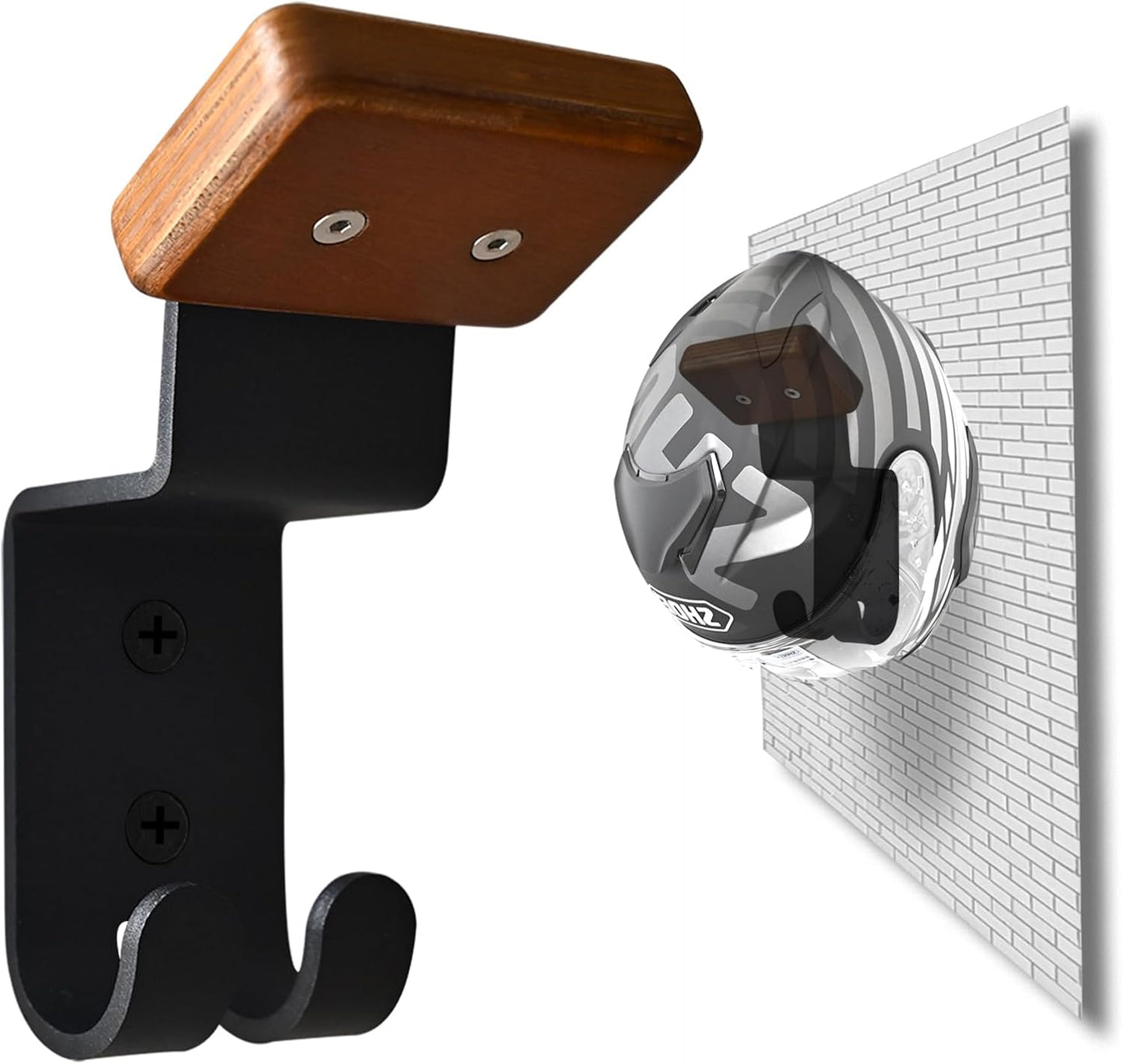 Helmet Holder Wall Mount, Motorcycle Gear Rack with 2 Key Hooks, Constructed with Solid Wood & Strong Steel for Bike Tactical Gear Baseball Football Skiing Helmet (1)