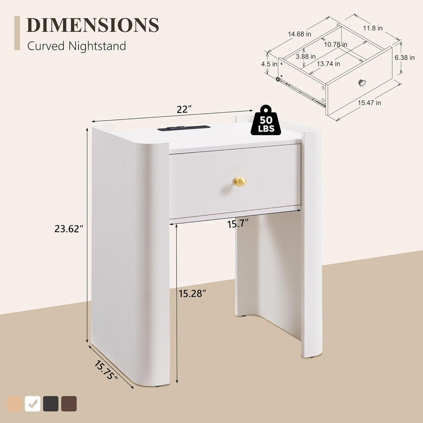23.6" Tall Modern Nightstand with Charging Station, 22" Wide Curved Bedside Table with 1 Storage Drawer, Wooden Night Stand, Large End Table for Bedroom, Living Room, White
