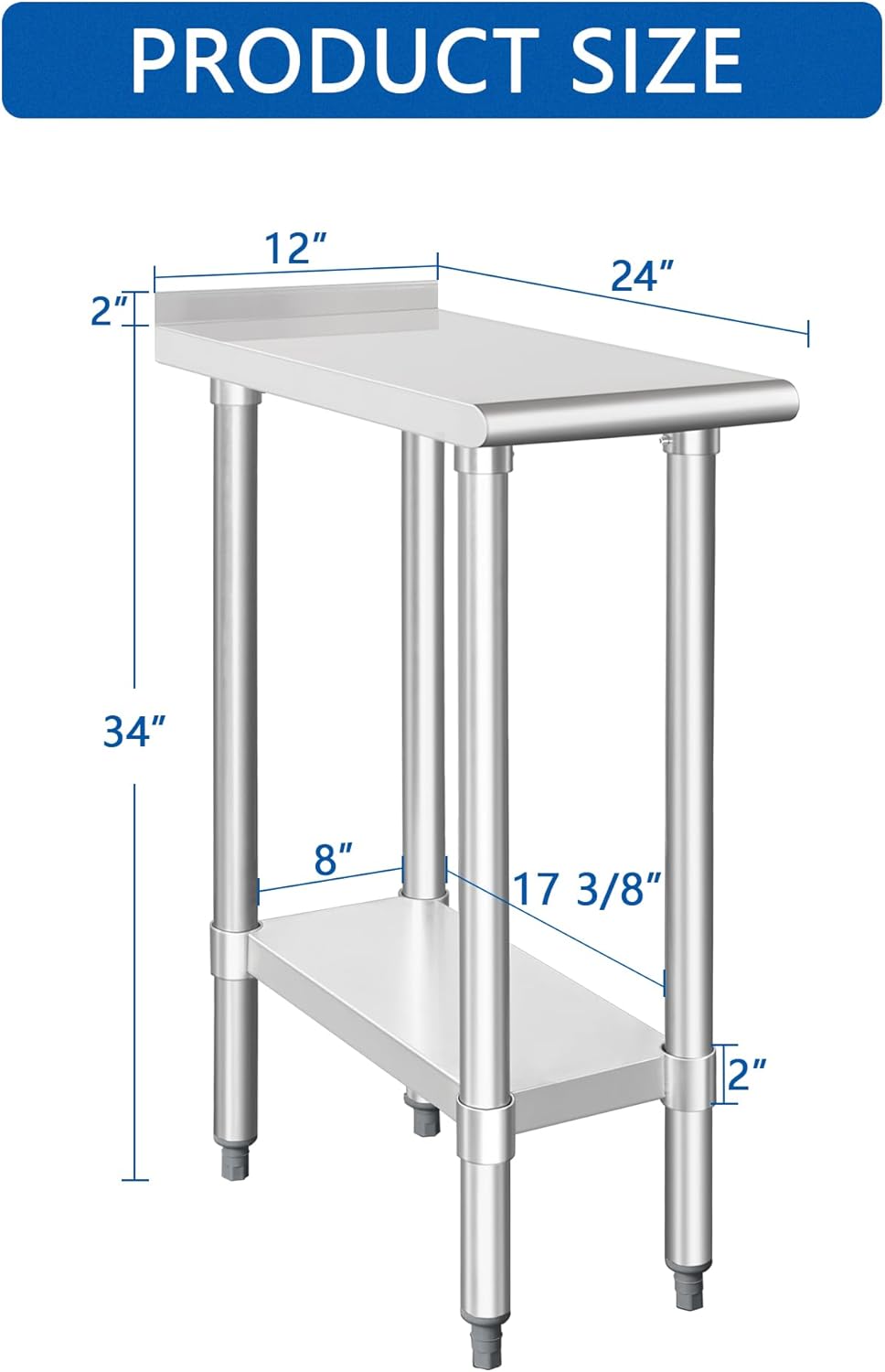 HARDURA Stainless Steel Commercial Work Table Prep Work Metal Table 24×12 Inches with Undershelf and 2" Backsplash Heavy Duty NSF 430 for Kitchen Food Prep