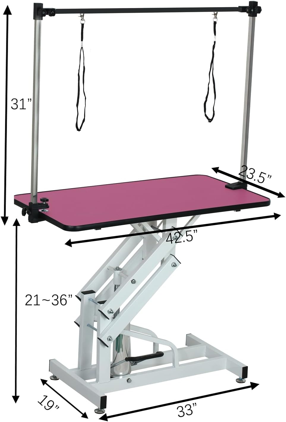 Hydraulic Dog Pet Grooming Table, 42 Inch Heavy Duty Z Lift Structure Professional Dog Grooming Table Suitable for Large Dogs at Home with Adjustable Overhead Arms, Clamps and 2 Grooming Noose, Pink