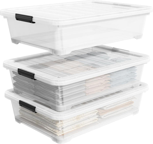 50 Qt Wheeled Underbed Storage Box, Large Clear Plastic Storage Bins with Lids and Secure Latches, 3-Pack