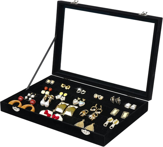 Cirhy Earring Organizer Tray, Earring Box with Clear Lid 80 Slots Velvet Drawer,Earring Tray with Lock, Jewelry Display Case for Women Girls, Black
