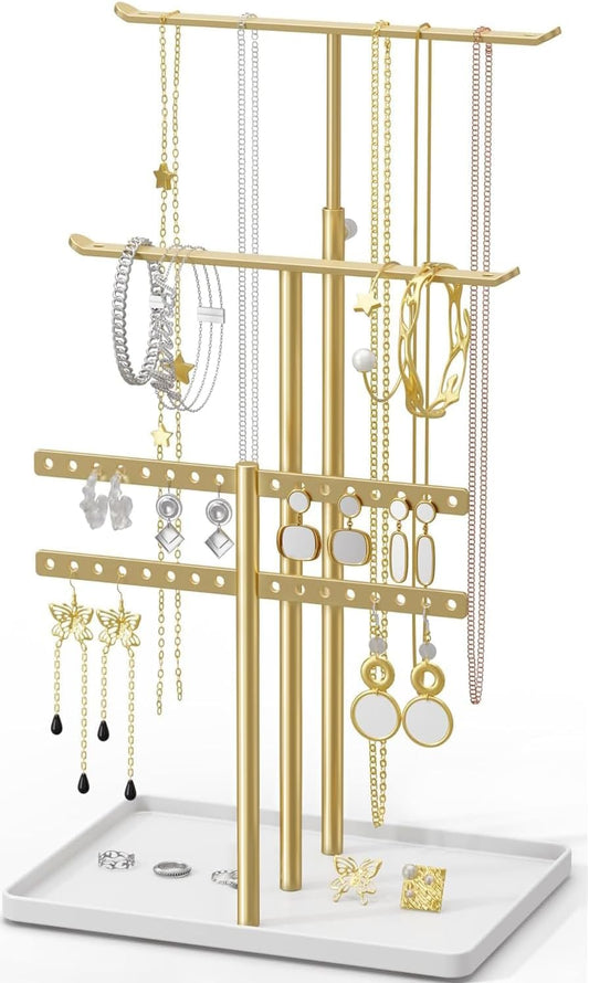 Jewelry Holder Organizer Stand - Adjustable Jewelry Tree 17.5" Height (Max), Jewlery Hanger for Necklaces, Bracelets, Earrings, Aesthetic for Storage and Display, Metal, Gold and White