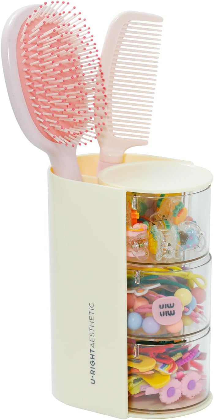 FABROK 3-Layer Clear Hair Accessories Organizer with Hair Brushes Holder, Rotatable Small Jewelry Box for Hair Clip Earring Necklaces, Desktop Organizer Case for Cotton Swab, Hair Accessories(Yellow)