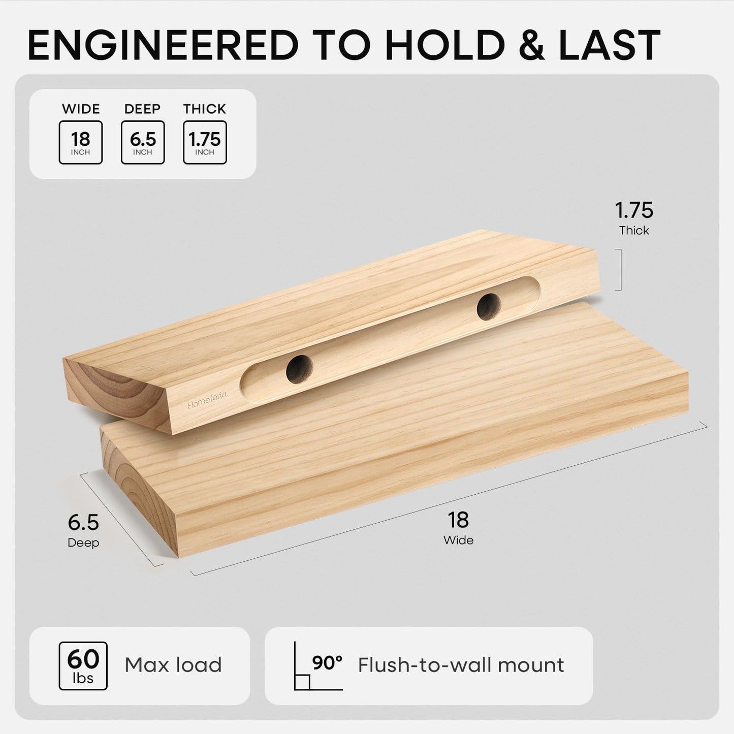 Homeforia 18 inch Natural Floating Shelf, High End Solid Real Wood 18inch Small Floating Shelves for Wall Mounted, Natural Wooden Floating Shelves, Heavy Duty Bracket, 18 X 6.5 X 1.75 in, Set of 4