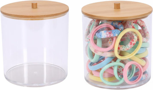 2Packs Scrunchie Organizers Holder，Hair Accessories Organizer with Wooden Lid,Acrylic Hair Tie Clip for Bathroom Storage Organizer & Beauty Supplies(Clear)