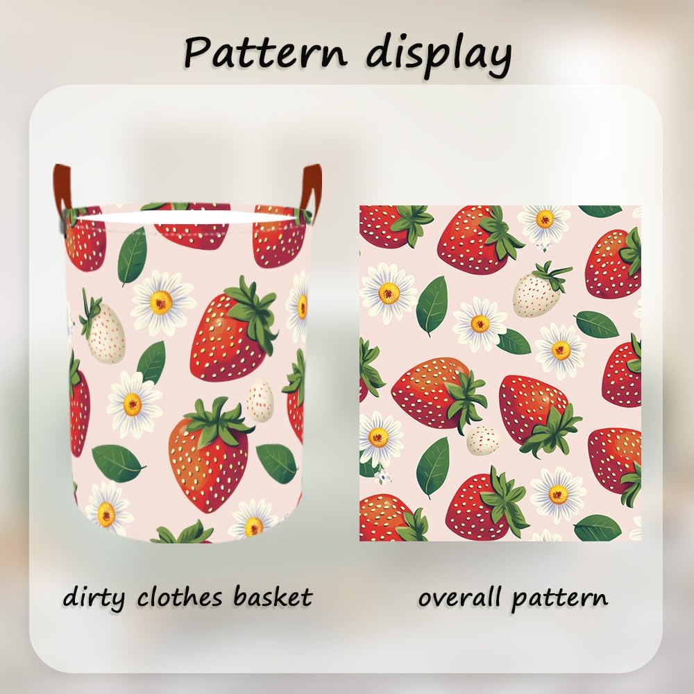 Laundry Baskets 15.7x19.7 Inch Large Strawberry Daisy Design Collapsible Laundry Hamper with Handles Oxford Fabric Clothes Storage Bin Foldable Dirty Clothes Organizer for Bedroom Bathroom Dorm