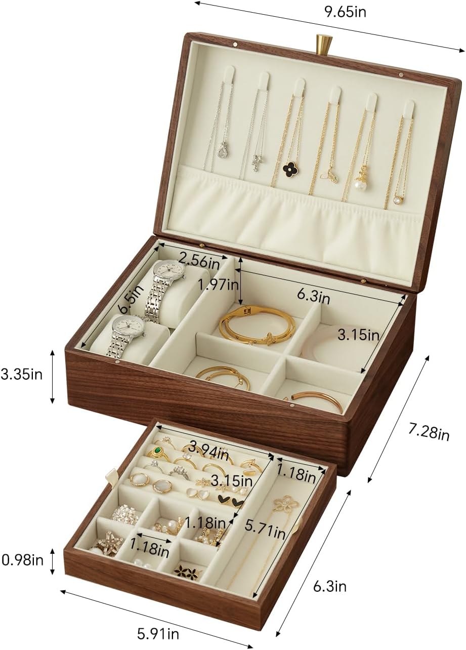 Black Walnut Wood Jewelry Box With Velvet Lining,Personalized Ring and Necklace Box for Women and Girls,Brass Handle (No lock)