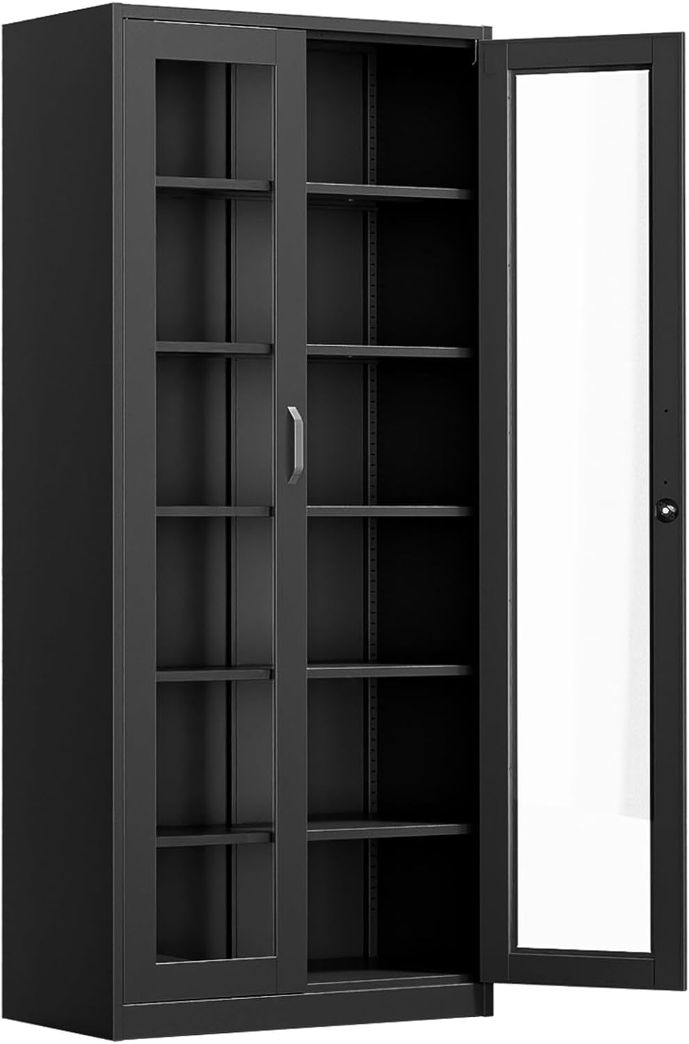 VINGLI Lockable Display Cabinet with Glass Doors & 5 Adjustable Shelves, 71" Tall Black Metal Storage Cabinet Curio Liquor, Bookshelf Bookcase for Home Office Living Room Pantry Garage