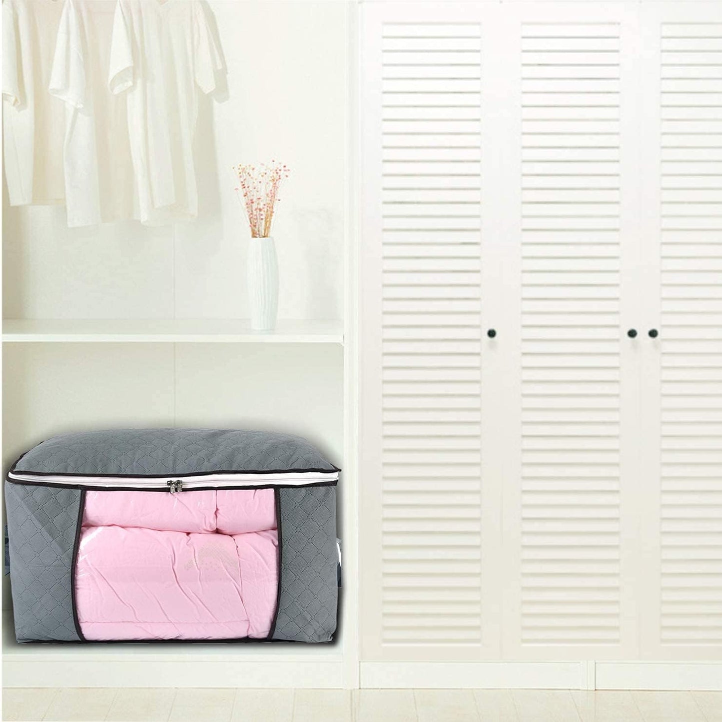 combocube Comforter Storage Bag, Zippered Bag with Large Clear Window and Carry Handles, Space Saver Organizers for Closet, Blanket, Pillow, Quilt, Bedding, Clothes (4Pcs Grey Large)