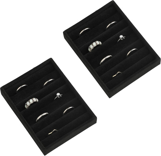 Frebeauty Small Jewelry Tray Set,Velvet Ring Organizer,Stackable Jewelry Organizer Tray,Mini Jewelry Drawer Organizer,4.92 x 3.74 x 0.9 Inches,7 Slots Ring Tray for Women (Set 2,Black)