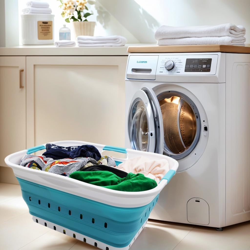 SAMMART 42L Collapsible Plastic Laundry Basket - Foldable Pop Up Storage Container/Organizer - Space Saving Hamper/Basket (1, White/Bright Blue)