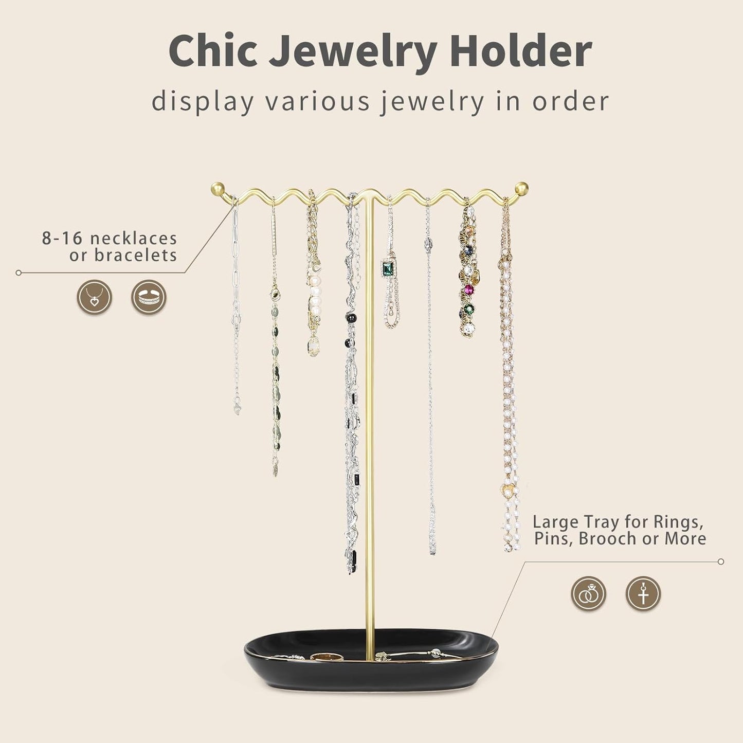 Elegant Jewelry Holder Stand: Metal Tree & Ceramic Tray Organizer for Necklaces, Rings, Earrings - Durable, Rustproof Display Holder Easy to Access Deluxe Black
