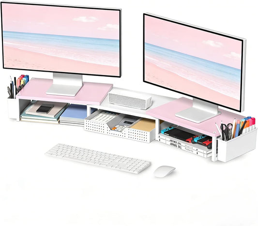 OPNICE Wood Desk Organizers and Accessories, Dual Monitor Stand Riser with Drawer and 2 Pen Holders, Desk Shelf Computer Racks for Office Workspace Organizers, Desktop Organization (Pink＆ White)