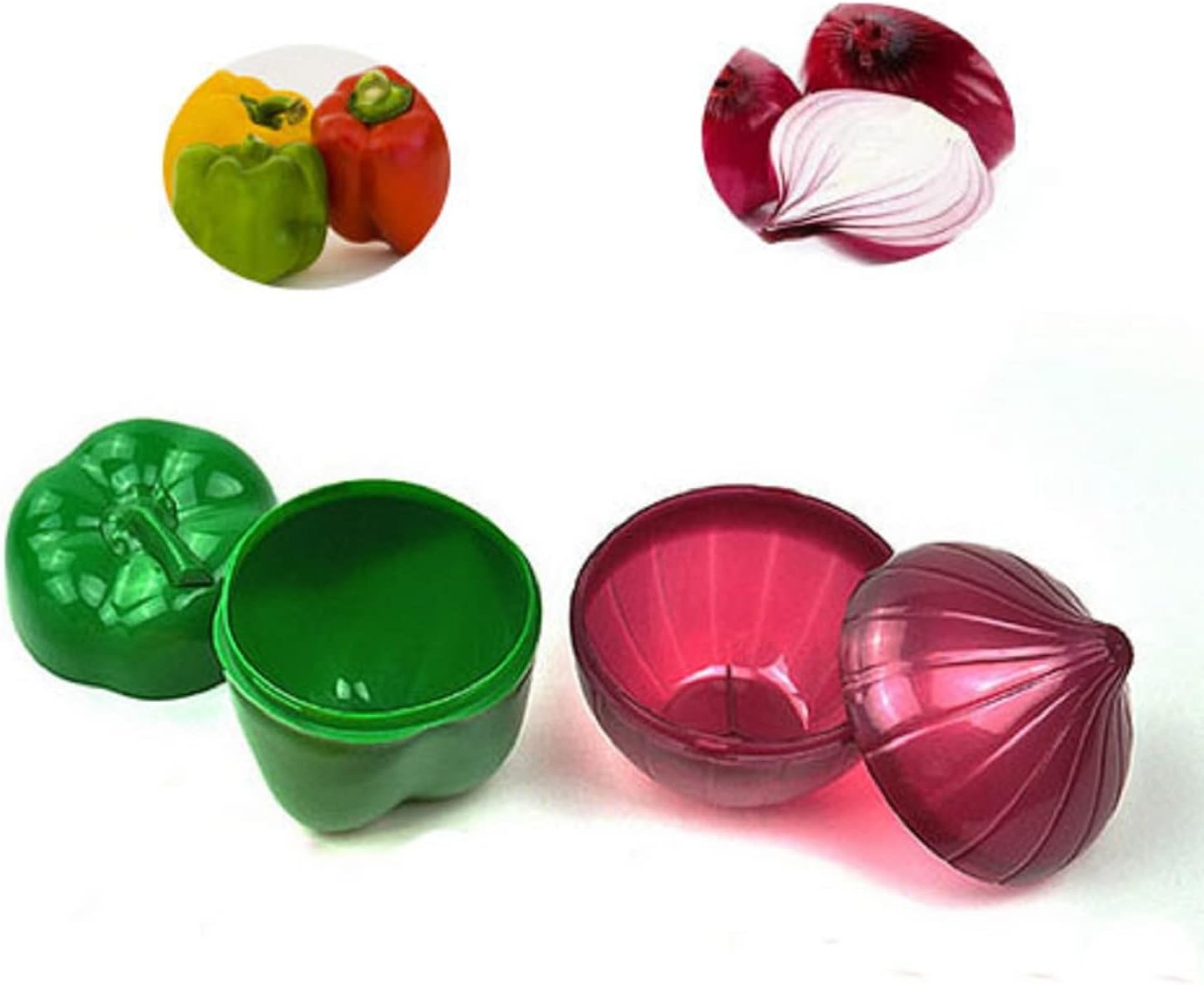 MIAO JIN 4 PCS Fruit and Vegetable Shaped Food Saver Storage Containers Holder Refrigerator Vegetable Crisper(Onion, tomato, lemon, green pepper)