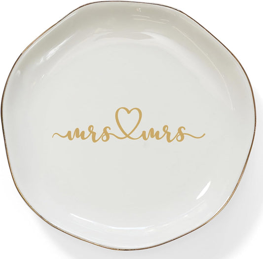 HOME SMILE Mrs and Mrs Gifts，Wedding Gifts for Couples,Ring Dish,Ceramic White