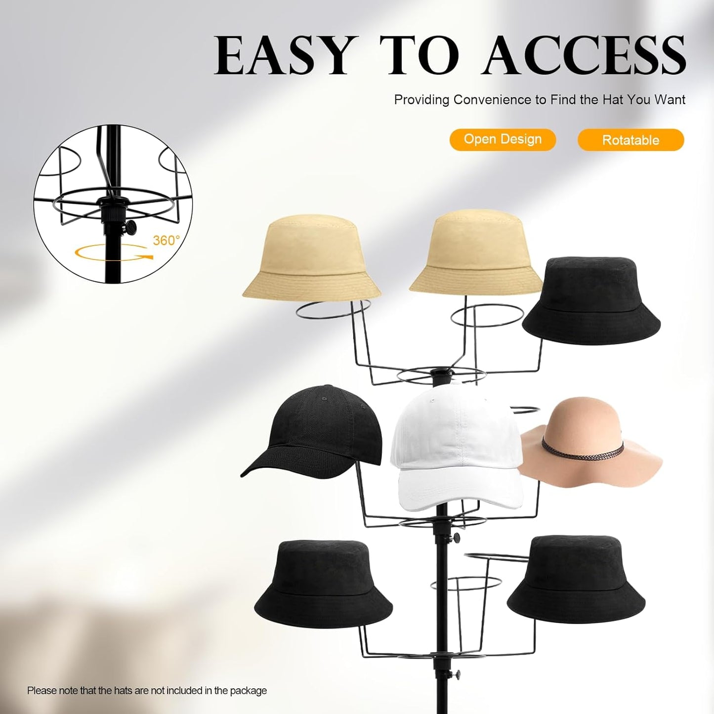 7-Tier Freestanding Hat Rack, 35 Hooks Rotating Hat Display Stand with Wheels, Black Metal Hat Holder Organizer for Retail Stores, Home, Hotels Use