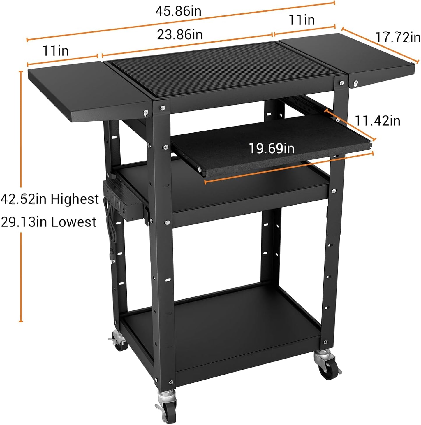 Mobile AV Cart with Pullout Keyboard Tray, Rolling Computer Cart Height Adjustable Rolling Media Utility Cart with 4 Wheels, 4 Outlets, Perfect for Home or Office Us