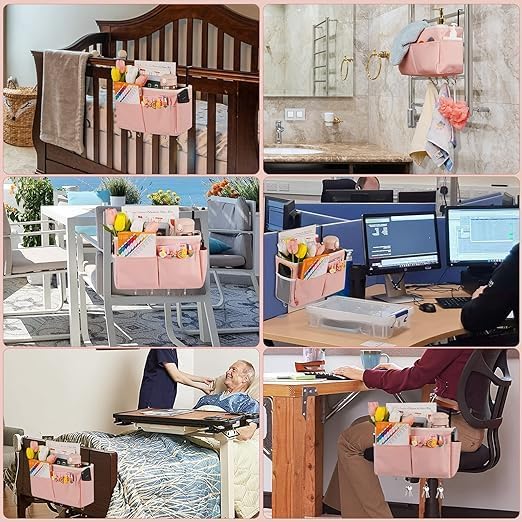 Bedside Storage Organizer 5 Pockets with 4 Hooks Hanging Storage Bag for Headboards/Bunk Bed (2Pack Pink)
